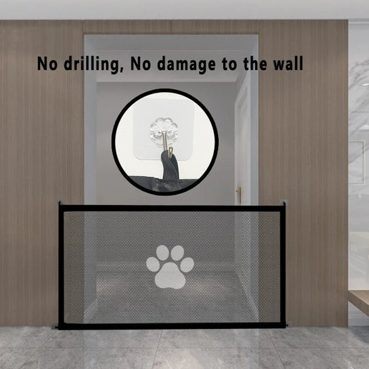 Indoor and Outdoor Dog Safety Gate with 4 Hook Attachments - Mesh Pet Enclosure for Secure Pet Containment