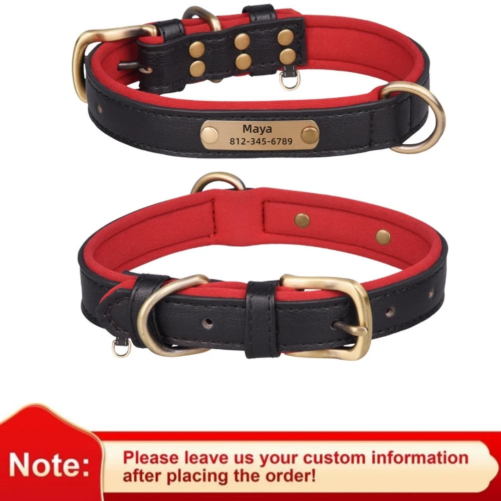 Customized Leather ID Nameplate Dog Collar Adjustable Soft Padded Dogs Collars Free Engraving Name for Small Medium Large Dogs