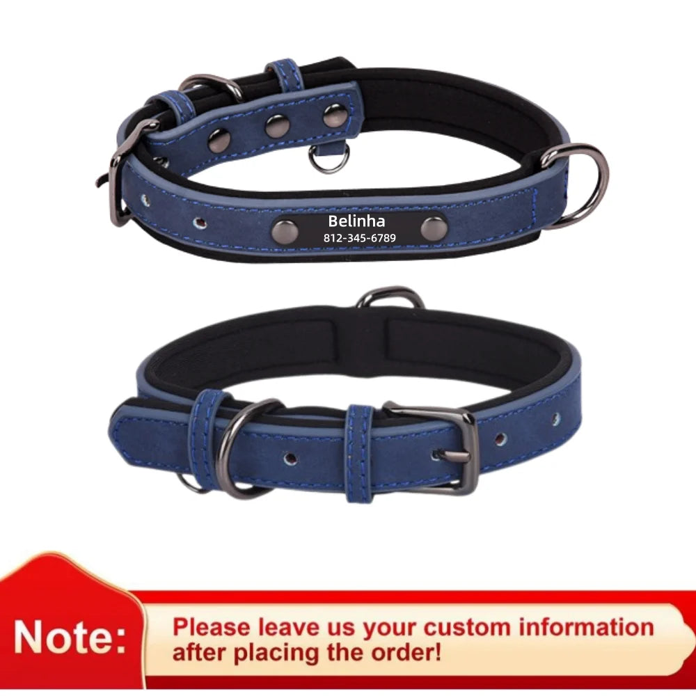 Customized Leather ID Nameplate Dog Collar Adjustable Soft Padded Dogs Collars Free Engraving Name for Small Medium Large Dogs