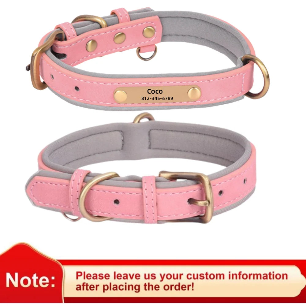 Customized Leather ID Nameplate Dog Collar Adjustable Soft Padded Dogs Collars Free Engraving Name for Small Medium Large Dogs
