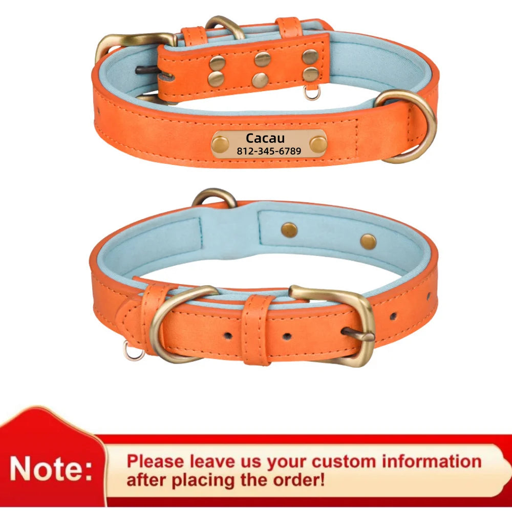 Customized Leather ID Nameplate Dog Collar Adjustable Soft Padded Dogs Collars Free Engraving Name for Small Medium Large Dogs