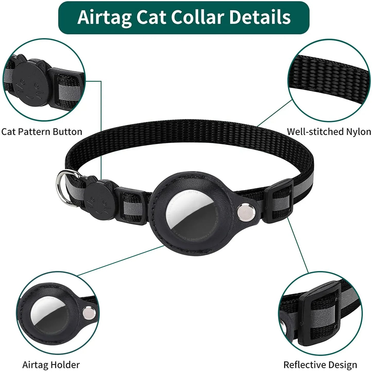 Adjustable Waterproof Reflective Cat Collar with Detachable AirTag Holder for Enhanced Safety and Anti-Loss Protection