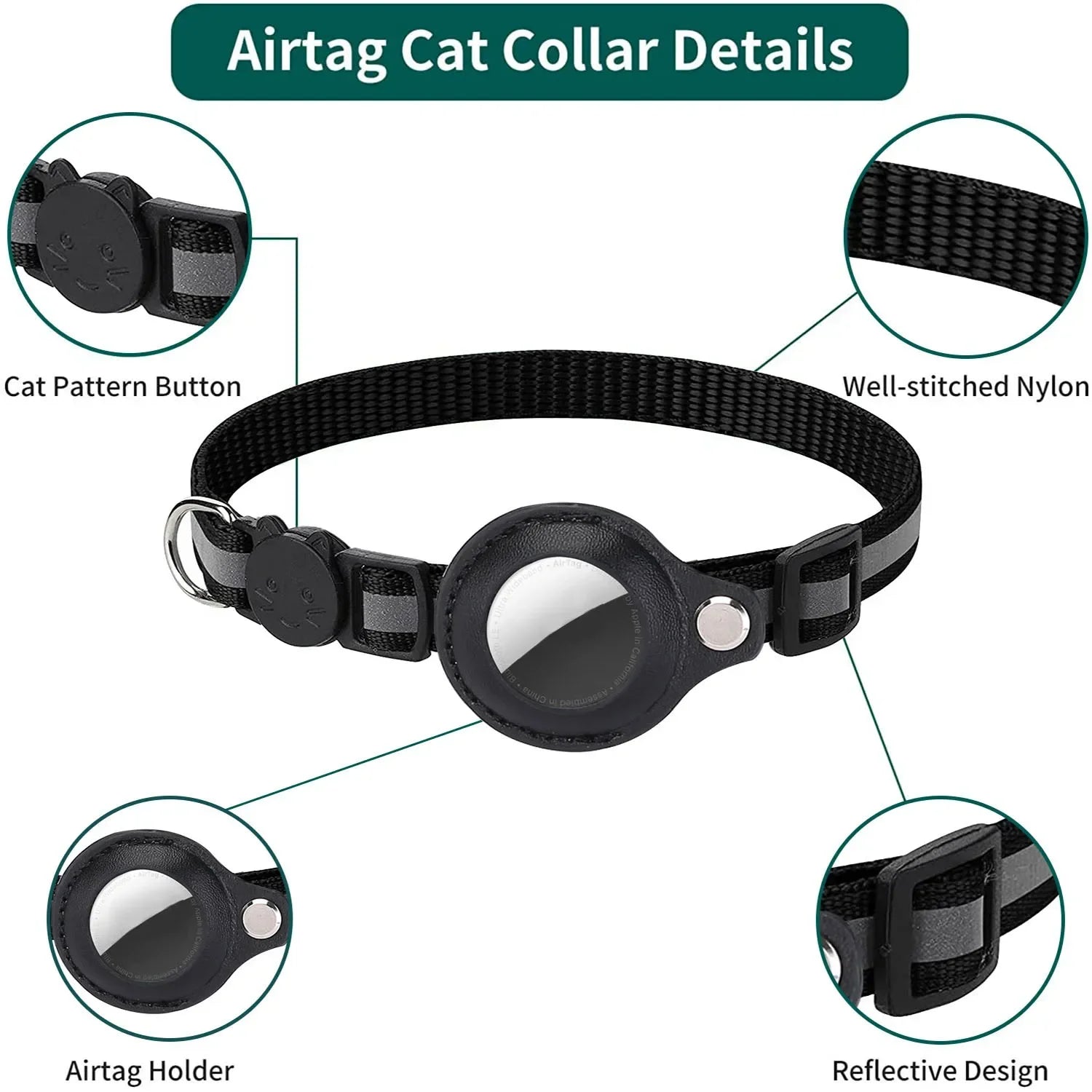 Adjustable Waterproof Reflective Cat Collar with Detachable AirTag Holder for Enhanced Safety and Anti-Loss Protection