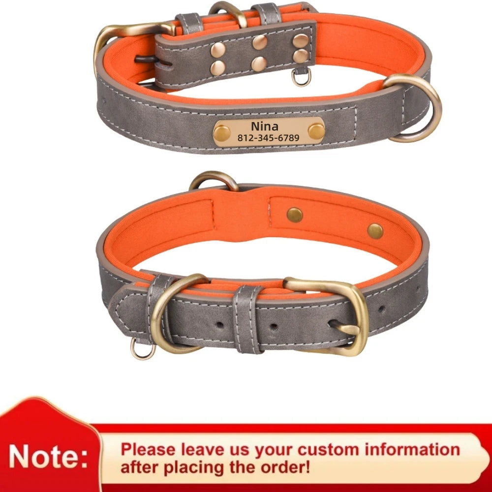 Customized Leather ID Nameplate Dog Collar Adjustable Soft Padded Dogs Collars Free Engraving Name for Small Medium Large Dogs